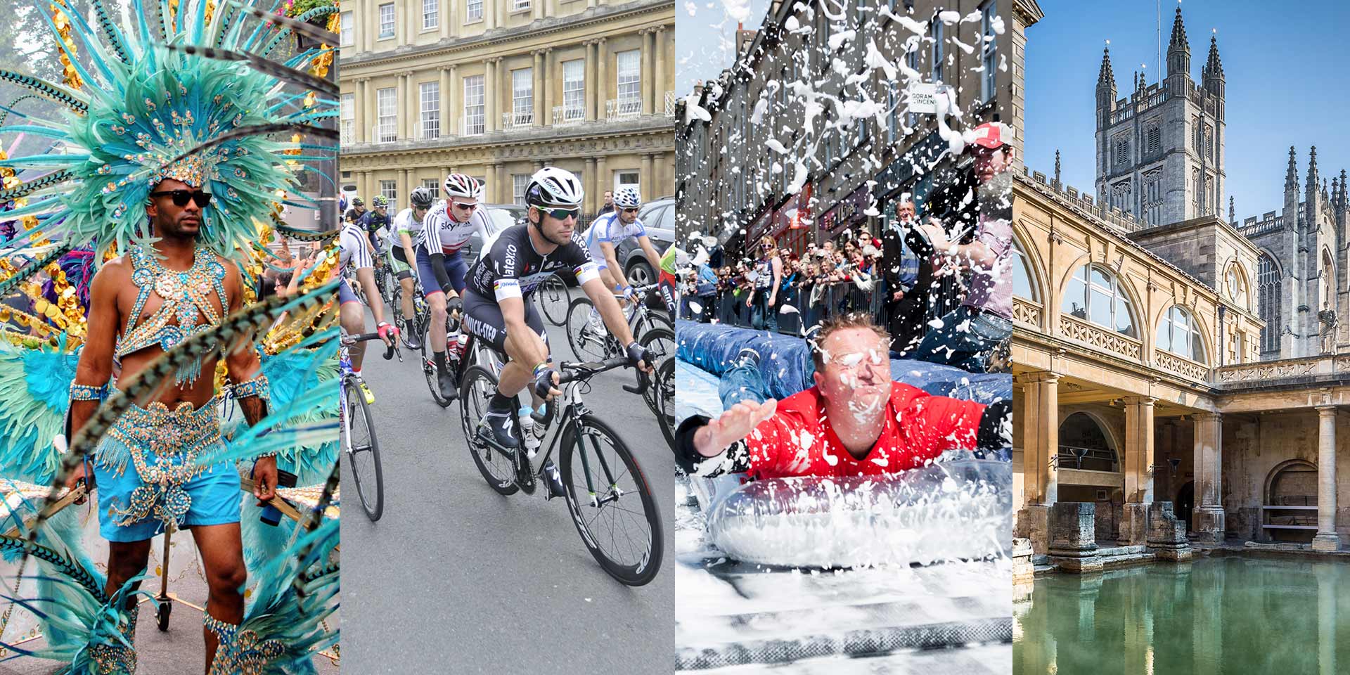 4 images including the Roman Baths, cyclists in Bath, St Paul's Carnival and the Park Street slide